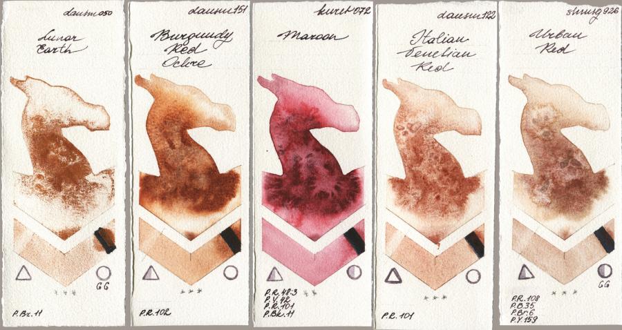 Daniel Smith 050 Lunar Earth vs 151 Burgundy Red Ochre vs Kuretake Gansai Tambi 072 Maroon vs 122 Italian Venetian Red vs Shminke Horadam Aquarell 926 Urban Red watercolor swatch