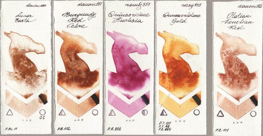 Daniel Smith 050 Lunar Earth vs 151 Burgundy Red Ochre vs Roman Szmal Aquarius 358 Quinacridone Fuchsia vs Rosa Gallery 735 Quinacridone Gold vs 122 Italian Venetian Red watercolor swatch