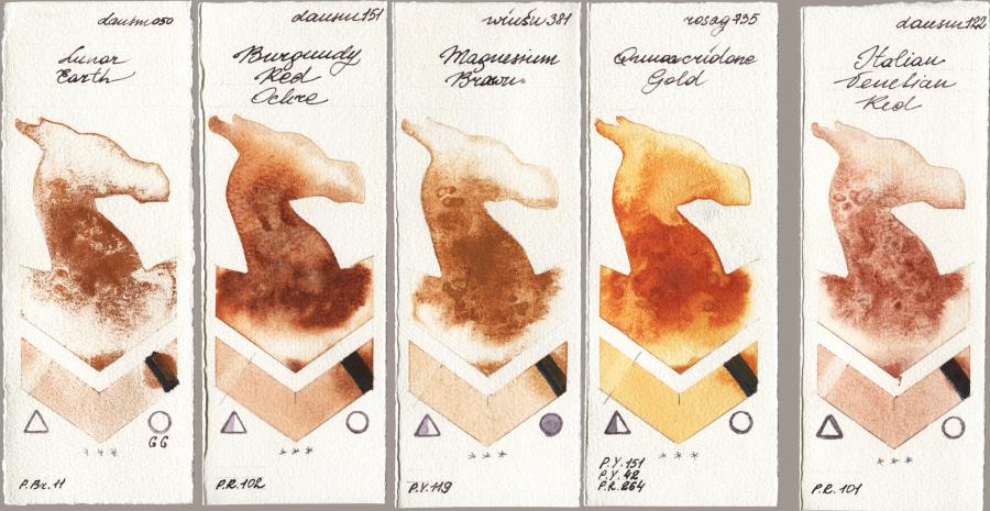 Daniel Smith 050 Lunar Earth vs 151 Burgundy Red Ochre vs Winsor & Newton Professional 381 Magnesuim Brown vs Rosa Gallery 735 Quinacridone Gold vs 122 Italian Venetian Red watercolor swatch