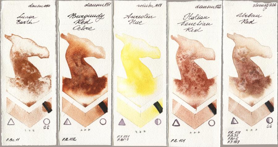 Daniel Smith 050 Lunar Earth vs 151 Burgundy Red Ochre vs Winsor & Newton Professional 417 Aureolin Hue vs 122 Italian Venetian Red vs Shminke Horadam Aquarell 926 Urban Red watercolor swatch