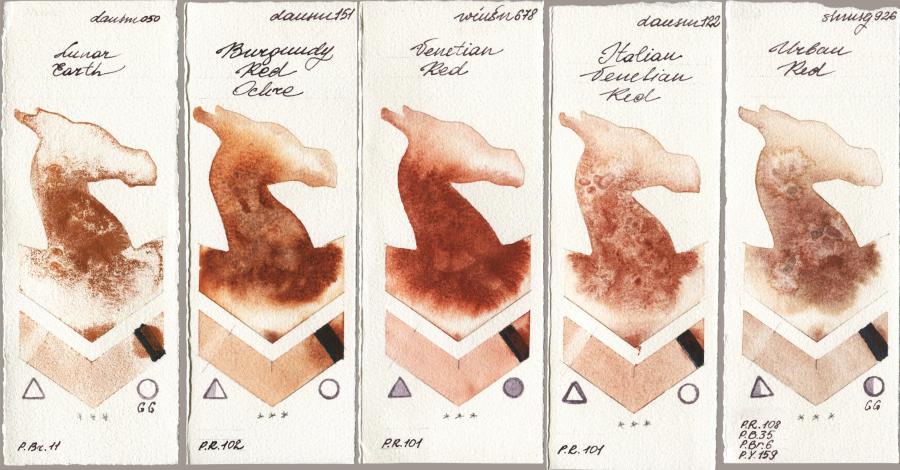 Daniel Smith 050 Lunar Earth vs 151 Burgundy Red Ochre vs Winsor & Newton Professional 678 Venetian Red vs 122 Italian Venetian Red vs Shminke Horadam Aquarell 926 Urban Red watercolor swatch