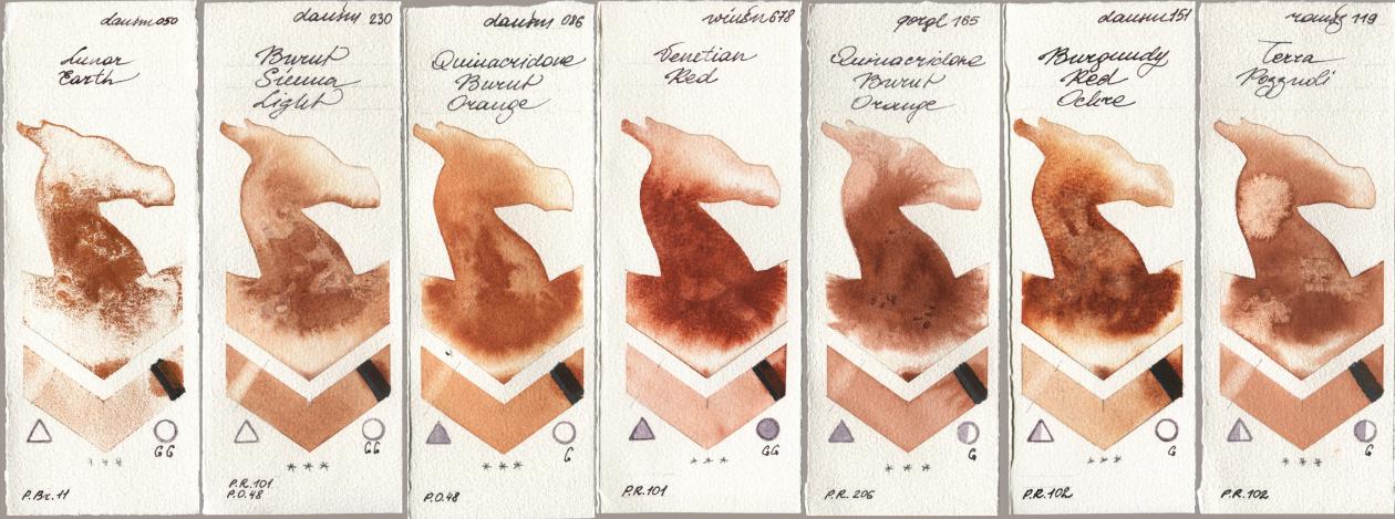 Daniel Smith 050 Lunar Earth, 230 Burnt Sienna Light, 086 Quinacridone Burnt Orange, Winsor & Newton Professional 678 Venetian Red, Golden QOR 165 Quinacridone Burnt Orange, 151 Burgundy Red Ochre, Roman Szmal Aquarius 119 Terra Pozzuo watercolor swatch