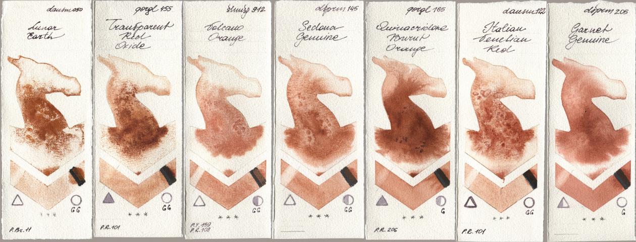 Daniel Smith 050 Lunar Earth, Golden QOR 455 Transparent Red Oxide, Shminke Horadam Aquarell 912 Volcano Orange, 145 Sedona Genuine, 165 Quinacridone Burnt Orange, 122 Italian Venetian Red, 205 Garnet Genui watercolor swatch