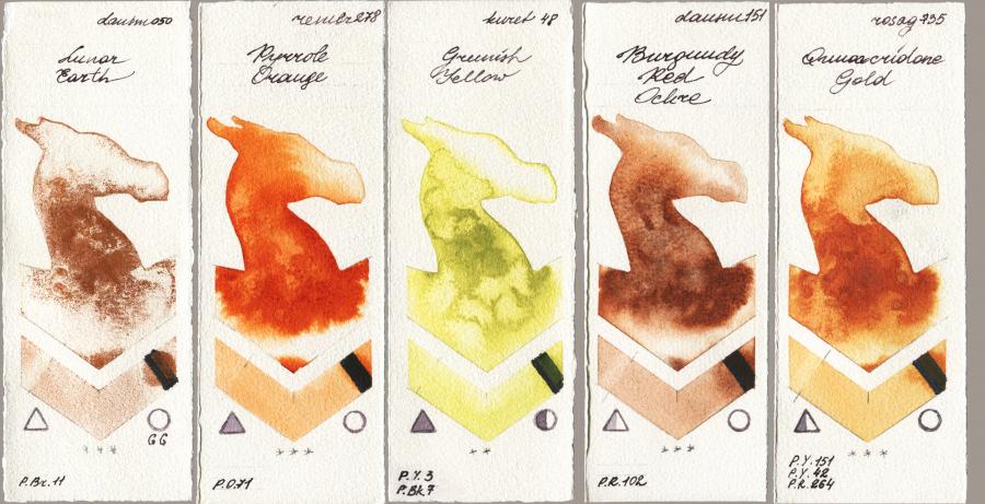 Daniel Smith 050 Lunar Earth vs Royal Talens Rembrandt Watercolour 278 Pyrrole Orange vs Kuretake Gansai Tambi 048 Greenish Yellow vs 151 Burgundy Red Ochre vs Rosa Gallery 735 Quinacridone Gold watercolor swatch