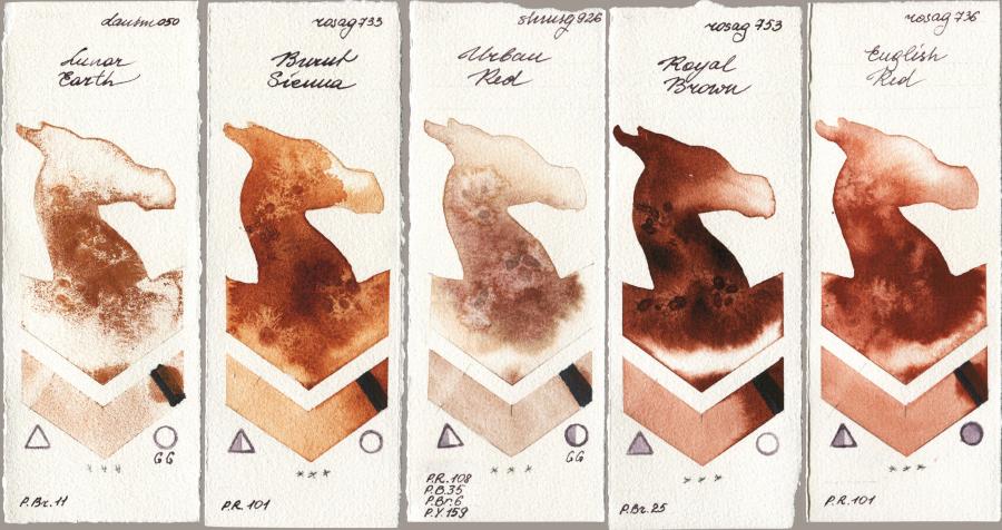 Daniel Smith 050 Lunar Earth vs Rosa Gallery 733 Burnt Sienna vs Shminke Horadam Aquarell 926 Urban Red vs 753 Royal Brown vs 736 English Red watercolor swatch