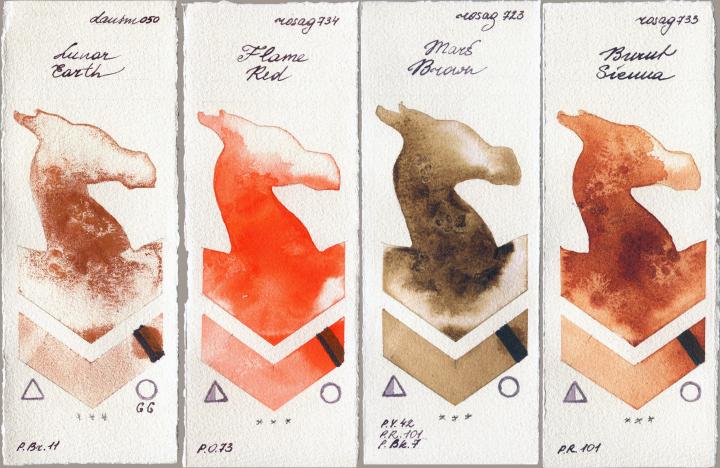 Daniel Smith 050 Lunar Earth vs Rosa Gallery 734 Flame Red vs 723 Mars Brown vs 733 Burnt Sienna watercolor swatch