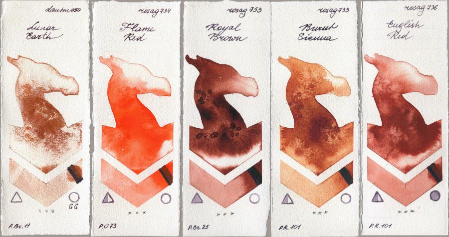 Daniel Smith 050 Lunar Earth vs Rosa Gallery 734 Flame Red vs 753 Royal Brown vs 733 Burnt Sienna vs 736 English Red watercolor swatch