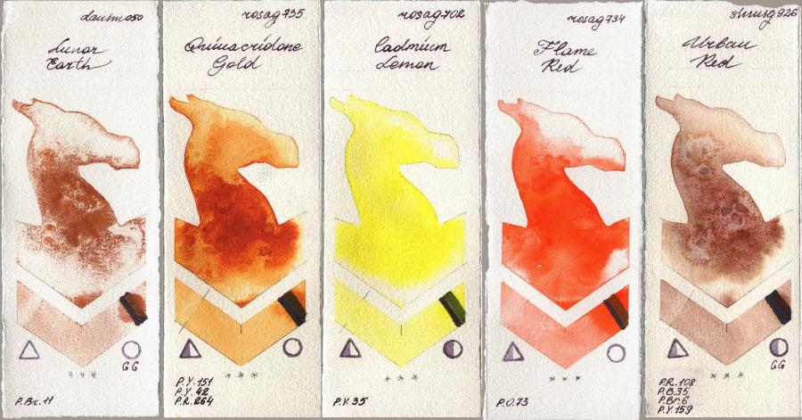 Daniel Smith 050 Lunar Earth vs Rosa Gallery 735 Quinacridone Gold vs 702 Cadmium Lemon vs 734 Flame Red vs Shminke Horadam Aquarell 926 Urban Red watercolor swatch