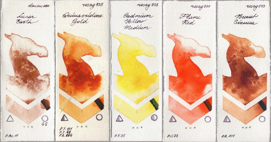Daniel Smith 050 Lunar Earth vs Rosa Gallery 735 Quinacridone Gold vs 703 Cadmium Yellow Medium vs 734 Flame Red vs 733 Burnt Sienna watercolor swatch