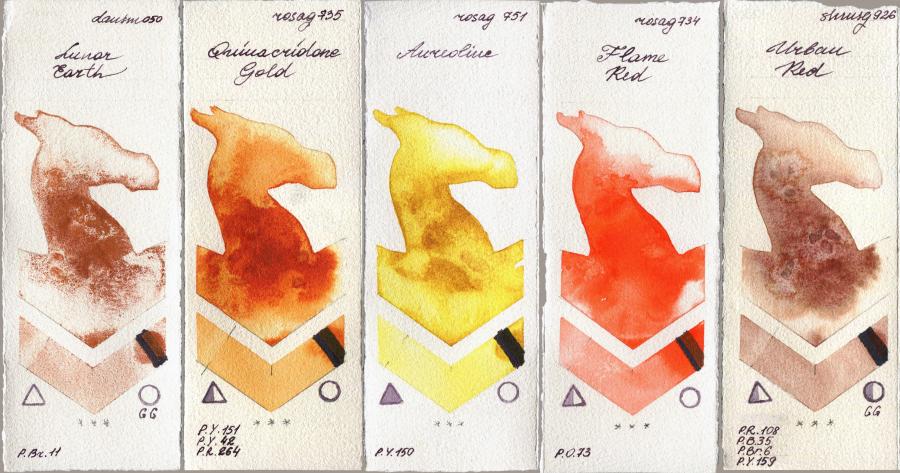 Daniel Smith 050 Lunar Earth vs Rosa Gallery 735 Quinacridone Gold vs 751 Aureoline vs 734 Flame Red vs Shminke Horadam Aquarell 926 Urban Red watercolor swatch