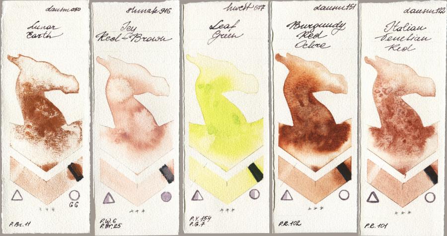 Daniel Smith 050 Lunar Earth vs Shminke Akademie Aquarell 916 Icy Red-Brown vs Holbein Artists Watercolor 077 Leaf Green vs 151 Burgundy Red Ochre vs 122 Italian Venetian Red watercolor swatch