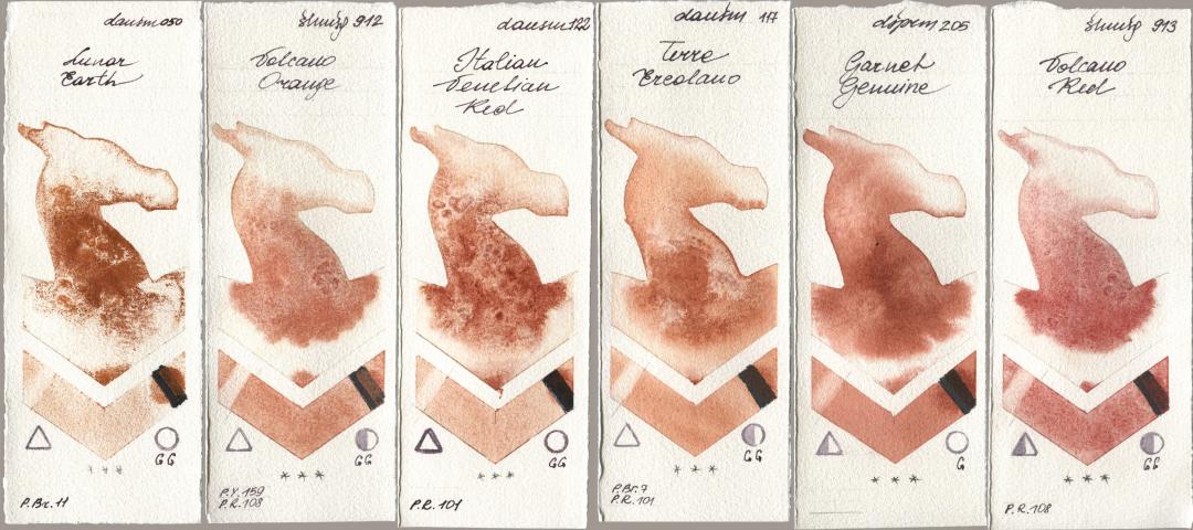 Daniel Smith 050 Lunar Earth, Shminke Horadam Aquarell 912 Volcano Orange, 122 Italian Venetian Red, 117 Terre Ercolano, 205 Garnet Genuine, 913 Volcano R watercolor swatch