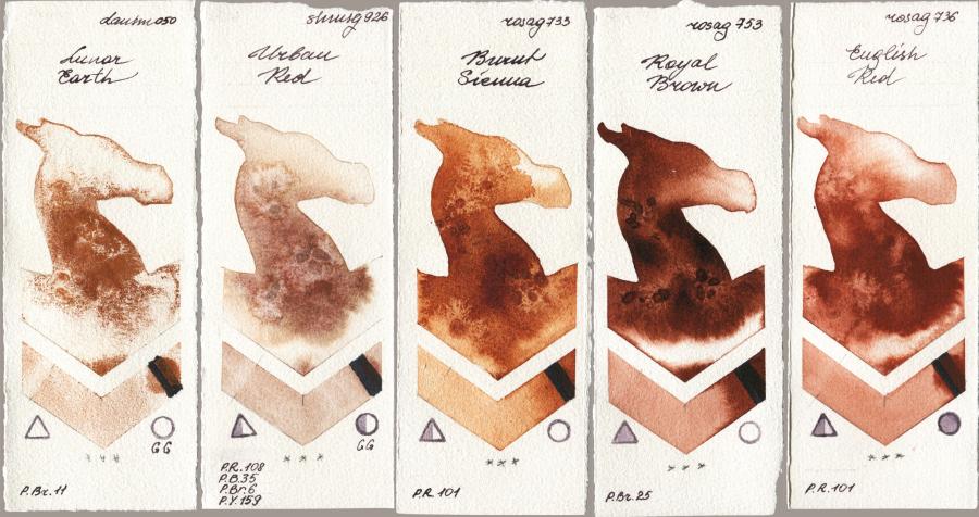 Daniel Smith 050 Lunar Earth vs Shminke Horadam Aquarell 926 Urban Red vs Rosa Gallery 733 Burnt Sienna vs 753 Royal Brown vs 736 English Red watercolor swatch