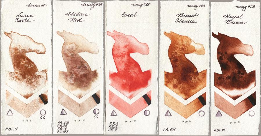 Daniel Smith 050 Lunar Earth vs Shminke Horadam Aquarell 926 Urban Red vs Rosa Gallery 756 Coral vs 733 Burnt Sienna vs 753 Royal Brown watercolor swatch