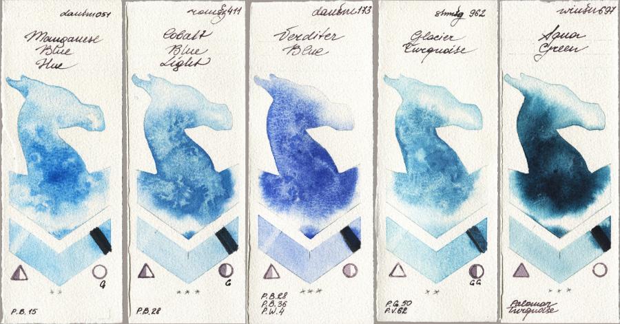 Daniel Smith 051 Manganese Blue Hue vs Roman Szmal Aquarius 411 Cobalt Blue Light vs 173 Verditer Blue vs Shminke Horadam Aquarell 962 Glacier Turquoise vs Winsor & Newton Professional 697 Aqua Green watercolor swatch