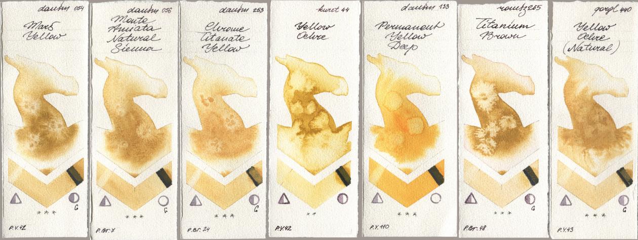 Daniel Smith 054 Mars Yellow, 056 Monte Amiata Natural Sienna, 253 Chrome Titanate Yellow, Kuretake Gansai Tambi 044 Yellow Ochre, 133 Permanent Yellow Deep, Roman Szmal Aquarius 265 Titanium Brown, Golden QOR 440 Yellow Ochre (Natura watercolor swatch