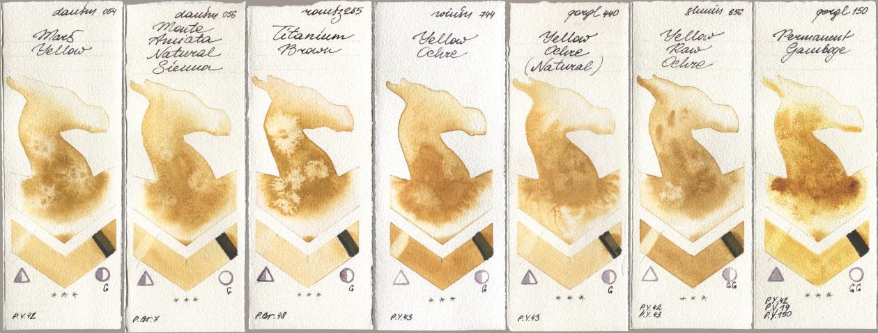 Daniel Smith 054 Mars Yellow, 056 Monte Amiata Natural Sienna, Roman Szmal Aquarius 265 Titanium Brown, Winsor & Newton Professional 744 Yellow Ochre, Golden QOR 440 Yellow Ochre (Natural), Shminke Horadam Aquarell 656 Yellow Raw Ochre, 150 Permanent Gambo watercolor swatch