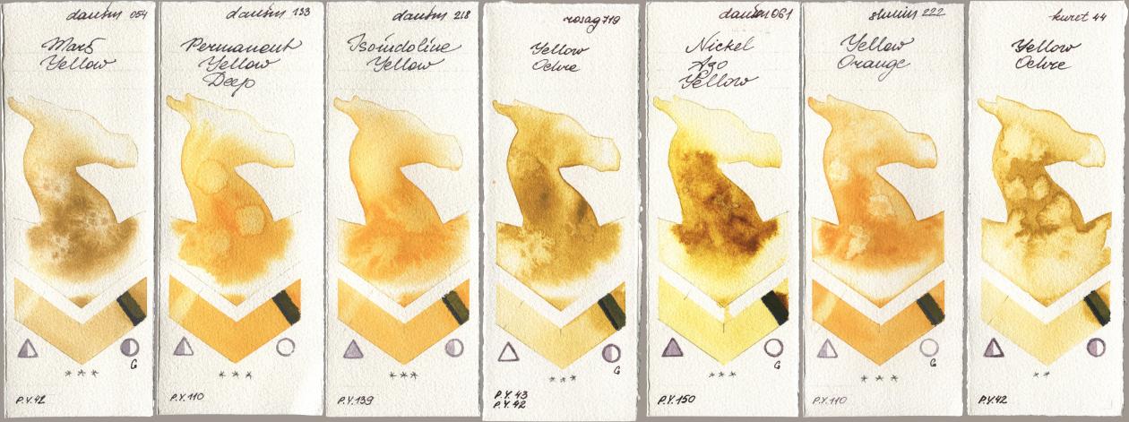 Daniel Smith 054 Mars Yellow, 133 Permanent Yellow Deep, 218 Isoindoline Yellow, Rosa Gallery 719 Yellow Ochre, 061 Nickel Azo Yellow, Shminke Horadam Aquarell 222 Yellow Orange, Kuretake Gansai Tambi 044 Yellow Och watercolor swatch