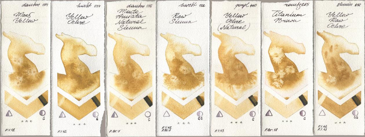 Daniel Smith 054 Mars Yellow, Holbein Artists Watercolor 034 Yellow Ochre, 056 Monte Amiata Natural Sienna, 132 Raw Sienna, Golden QOR 440 Yellow Ochre (Natural), Roman Szmal Aquarius 265 Titanium Brown, Shminke Horadam Aquarell 656 Yellow Raw Och watercolor swatch