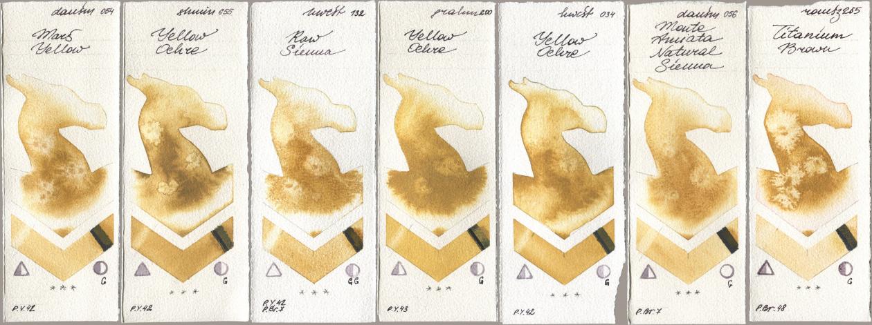 Daniel Smith 054 Mars Yellow, Shminke Horadam Aquarell 655 Yellow Ochre, Holbein Artists Watercolor 132 Raw Sienna, M. Graham & Co. Artists 200 Yellow Ochre, 034 Yellow Ochre, 056 Monte Amiata Natural Sienna, Roman Szmal Aquarius 265 Titanium Bro watercolor swatch