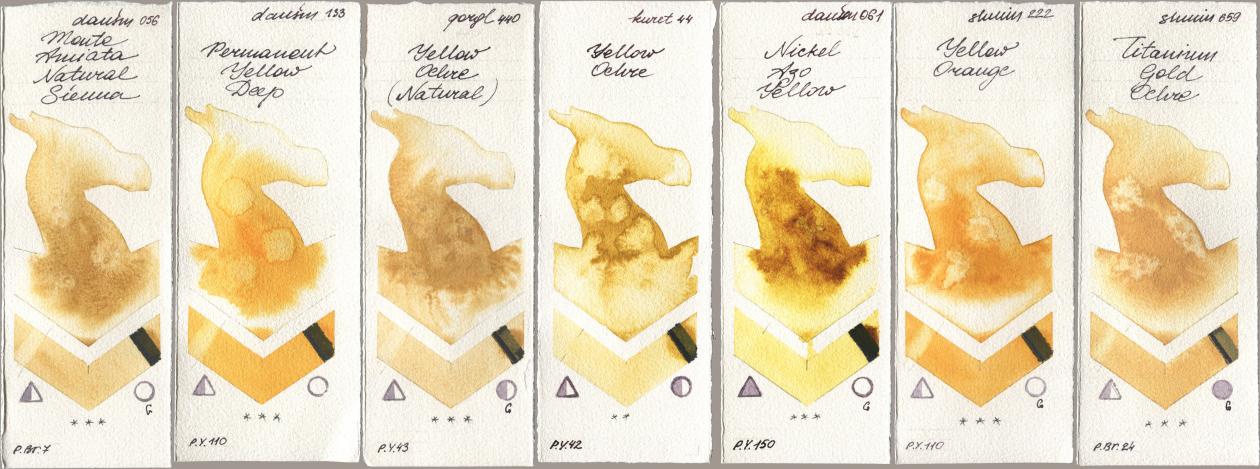Daniel Smith 056 Monte Amiata Natural Sienna, 133 Permanent Yellow Deep, Golden QOR 440 Yellow Ochre (Natural), Kuretake Gansai Tambi 044 Yellow Ochre, 061 Nickel Azo Yellow, Shminke Horadam Aquarell 222 Yellow Orange, 659 Titanium Gold Och watercolor swatch