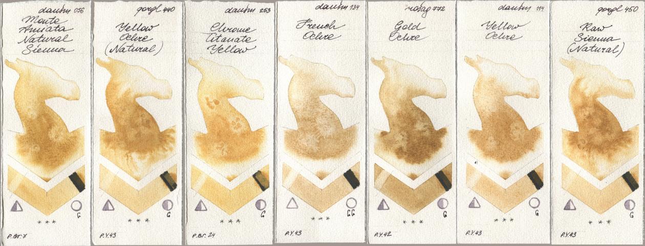 Daniel Smith 056 Monte Amiata Natural Sienna, Golden QOR 440 Yellow Ochre (Natural), 253 Chrome Titanate Yellow, 134 French Ochre, Rosa Gallery 772 Gold Ochre, 114 Yellow Ochre, 450 Raw Sienna (Natura watercolor swatch