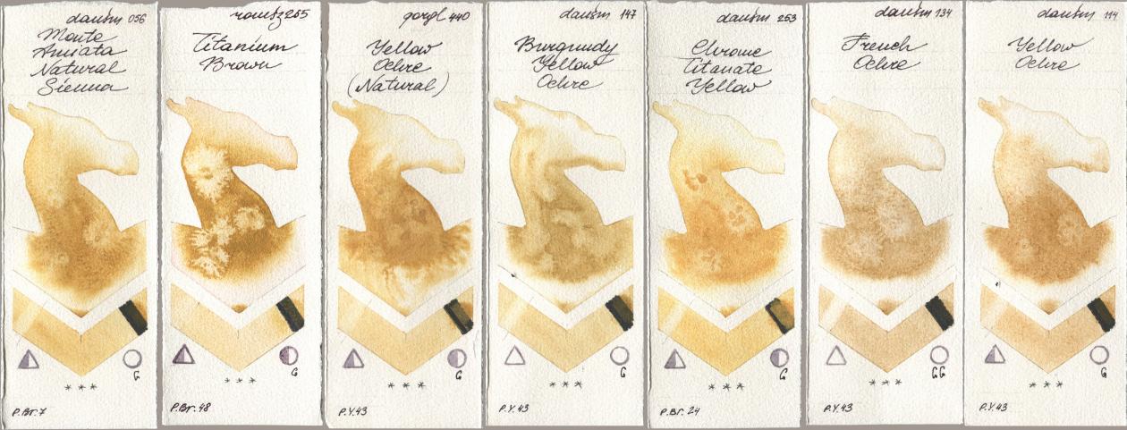 Daniel Smith 056 Monte Amiata Natural Sienna, Roman Szmal Aquarius 265 Titanium Brown, Golden QOR 440 Yellow Ochre (Natural), 147 Burgundy Yellow Ochre, 253 Chrome Titanate Yellow, 134 French Ochre, 114 Yellow Och watercolor swatch