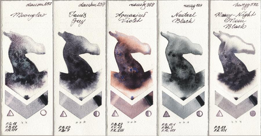 Daniel Smith 057 Moonglow vs 239 Janes Grey vs Roman Szmal Aquarius 369 Aquarius Violet vs Rosa Gallery 724 Neutral Black vs Holbein Artists Watercolor 572 Rainy-Night Moon Back watercolor swatch