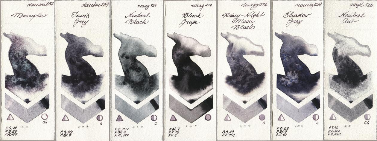 Daniel Smith 057 Moonglow, 239 Janes Grey, Rosa Gallery 724 Neutral Black, 747 Black Grape, Holbein Artists Watercolor 572 Rainy-Night Moon Back, Roman Szmal Aquarius 259 Shadow Grey, Golden QOR 520 Neutral Ti watercolor swatch