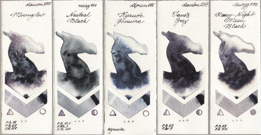 Daniel Smith 057 Moonglow vs Rosa Gallery 724 Neutral Black vs 186 Kyanite Genuine vs 239 Janes Grey vs Holbein Artists Watercolor 572 Rainy-Night Moon Back watercolor swatch