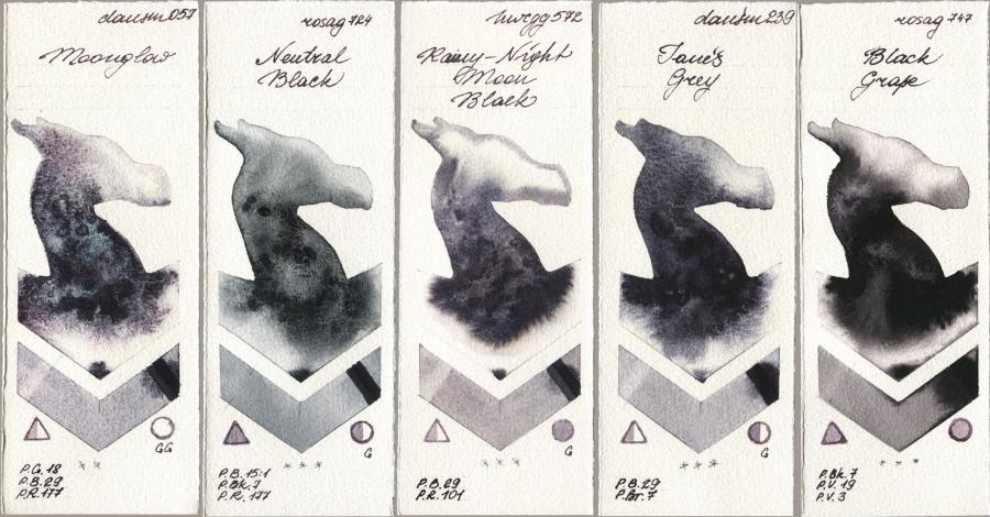 Daniel Smith 057 Moonglow, Rosa Gallery 724 Neutral Black, Holbein Artists Watercolor 572 Rainy-Night Moon Back, 239 Janes Grey, 747 Black Gra watercolor swatch