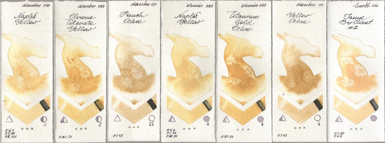 Daniel Smith 058 Naples Yellow, 253 Chrome Titanate Yellow, 134 French Ochre, Shminke Horadam Aquarell 229 Naples Yellow, 659 Titanium Gold Ochre, 114 Yellow Ochre, Holbein Artists Watercolor 032 Jaune Brillant No watercolor swatch
