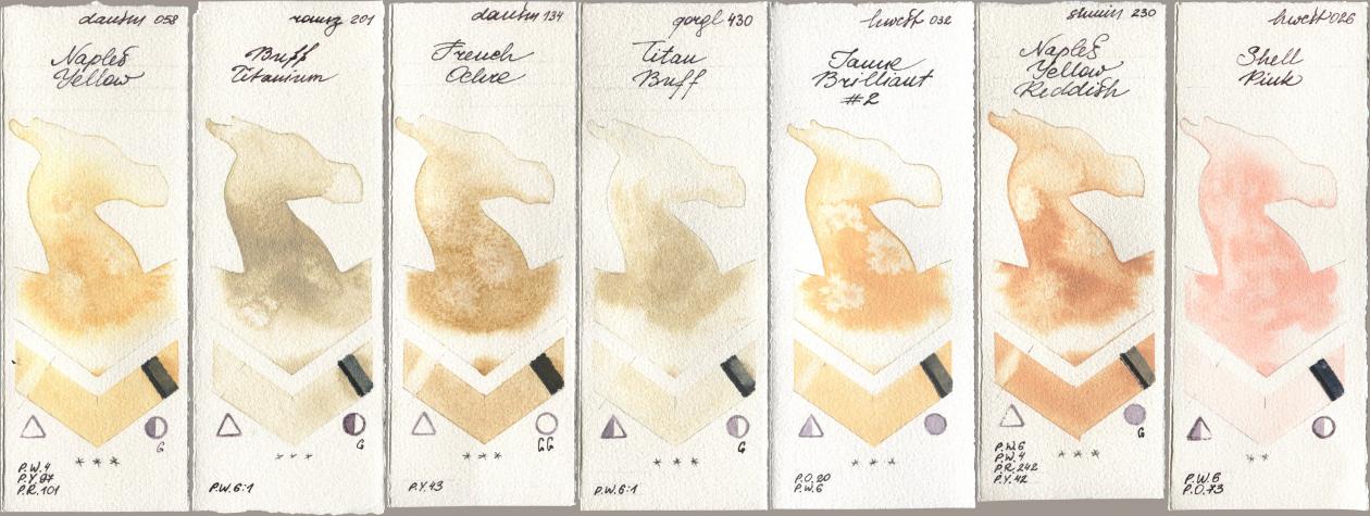 Daniel Smith 058 Naples Yellow, Roman Szmal Aquarius 201 Buff Titanium, 134 French Ochre, Golden QOR 430 Titan Buff, Holbein Artists Watercolor 032 Jaune Brillant No 2, Shminke Horadam Aquarell 230 Naples Yellow Reddish, 026 Shell Pi watercolor swatch