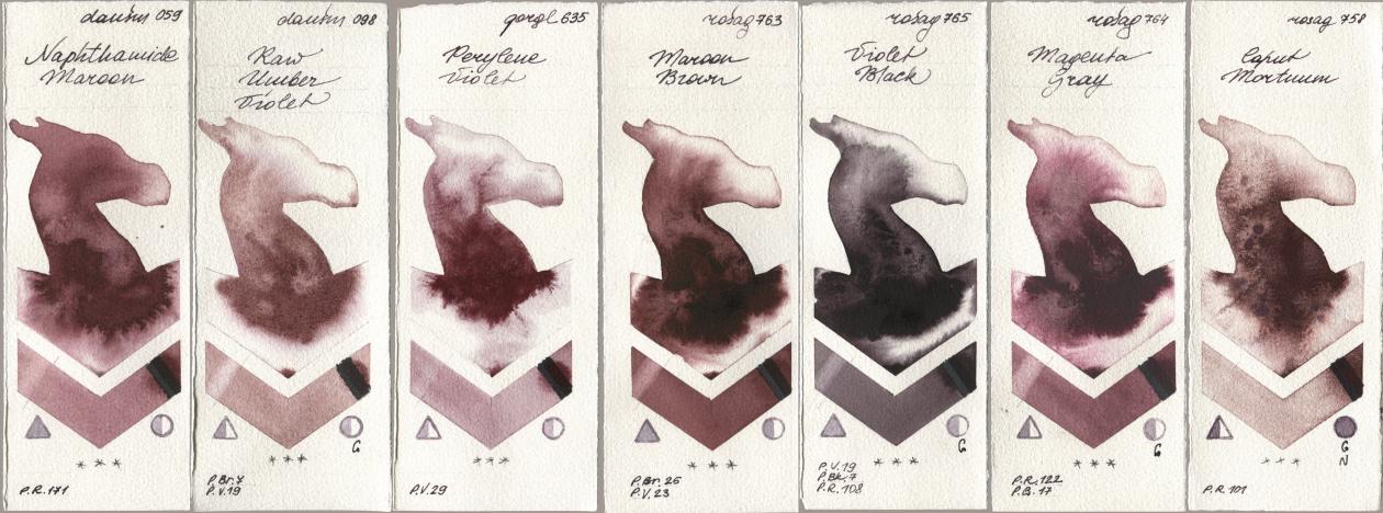 Daniel Smith 059 Naphthamide Maroon, 098 Raw Umber Violet, Golden QOR 635 Perylene Violet, Rosa Gallery 763 Maroon Brown, 765 Violet Black, 764 Magenta Gray, 758 Caput Mortu watercolor swatch
