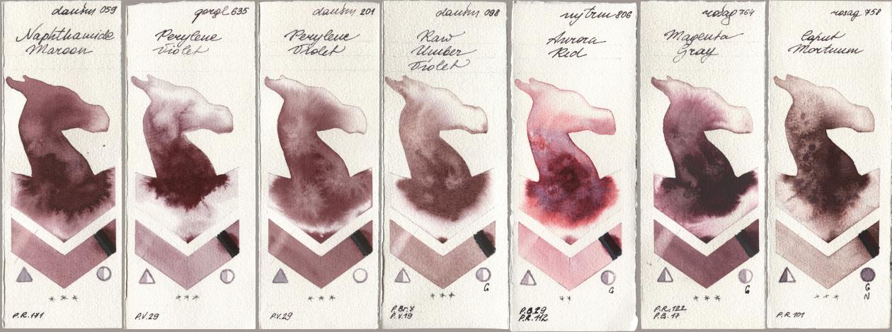 Daniel Smith 059 Naphthamide Maroon, Golden QOR 635 Perylene Violet, 201 Perylene Violet, 098 Raw Umber Violet, Mijello Mission Gold 806 Aurora Red, Rosa Gallery 764 Magenta Gray, 758 Caput Mortu watercolor swatch