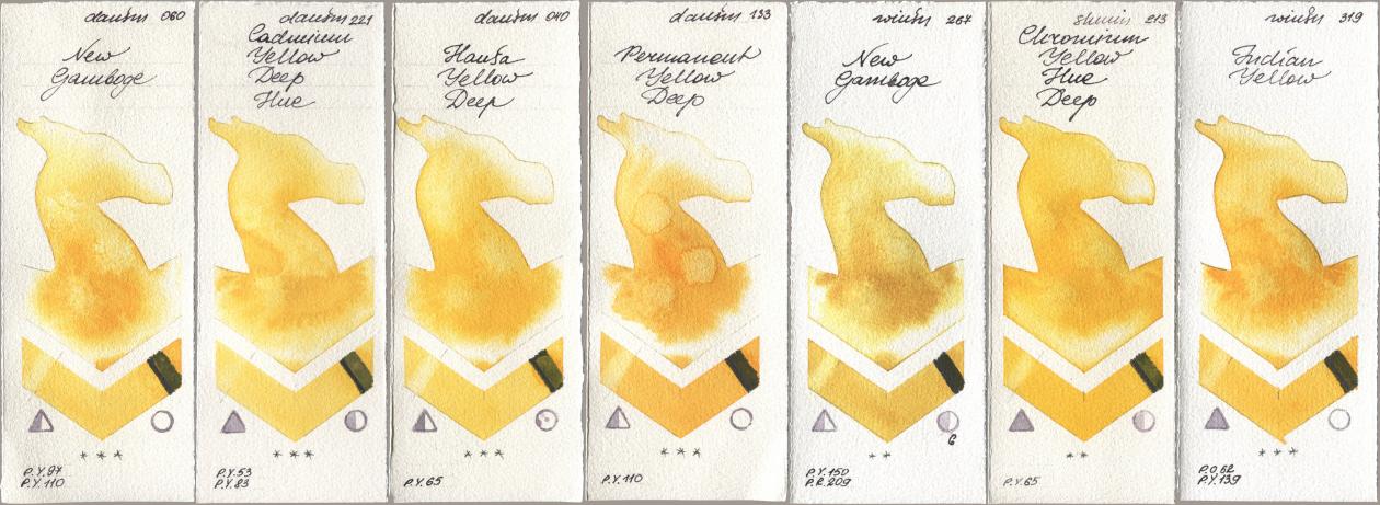 Daniel Smith 060 New Gamboge, 221 Cadmium Yellow Deep Hue, 040 Hansa Yellow Deep, 133 Permanent Yellow Deep, Winsor & Newton Professional 267 New Gamboge, Shminke Horadam Aquarell 213 Chrome Yellow Deep LF (Chromium Yellow Hue Deep), 319 Indian Yell watercolor swatch