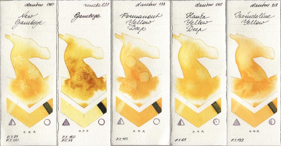 Daniel Smith 060 New Gamboge, Royal Talens Rembrandt Watercolour 238 Gamboge, 133 Permanent Yellow Deep, 040 Hansa Yellow Deep, 218 Isoindoline Yell watercolor swatch
