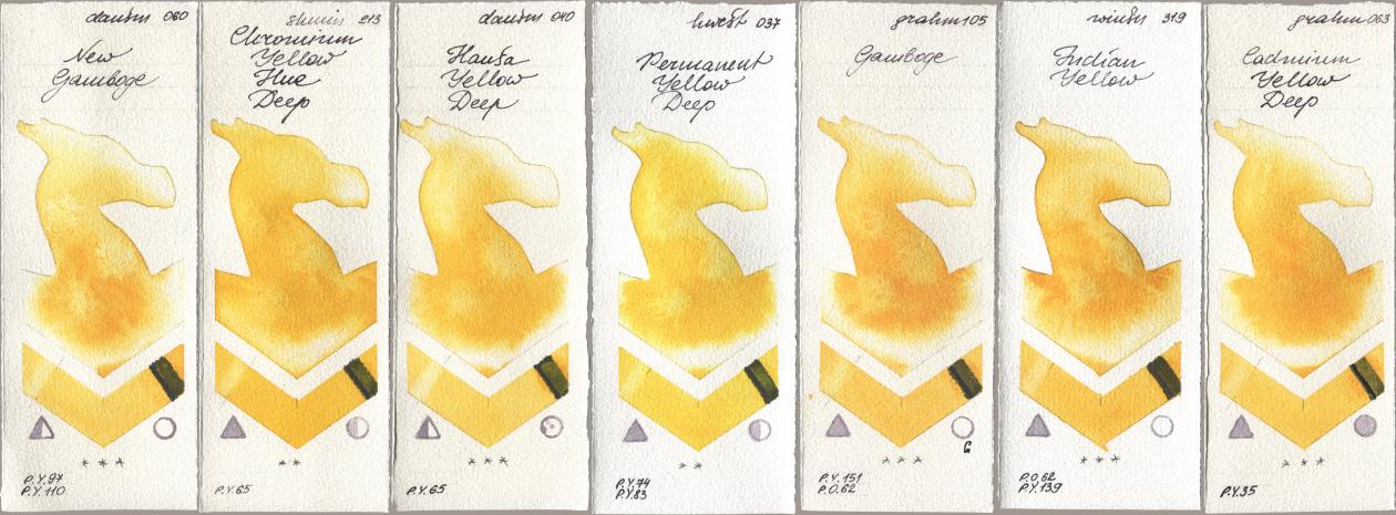 Daniel Smith 060 New Gamboge, Shminke Horadam Aquarell 213 Chrome Yellow Deep LF (Chromium Yellow Hue Deep), 040 Hansa Yellow Deep, Holbein Artists Watercolor 037 Permanent Yellow Deep, M. Graham & Co. Artists 105 Gamboge, Winsor & Newton Professional 319 Indian Yellow, 063 Cadmium Yellow De watercolor swatch