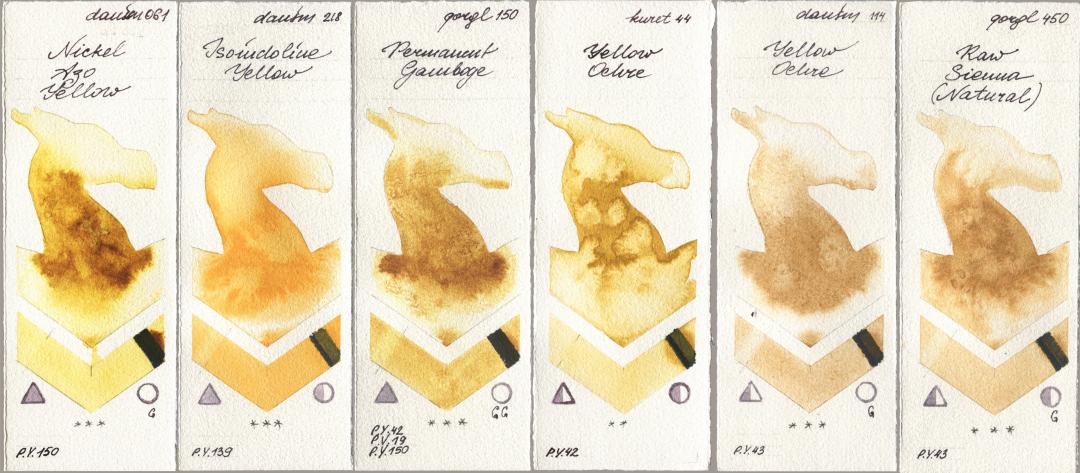 Daniel Smith 061 Nickel Azo Yellow, 218 Isoindoline Yellow, Golden QOR 150 Permanent Gamboge, Kuretake Gansai Tambi 044 Yellow Ochre, 114 Yellow Ochre, 450 Raw Sienna (Natura watercolor swatch