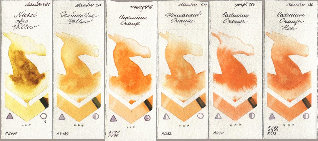 Daniel Smith 061 Nickel Azo Yellow, 218 Isoindoline Yellow, Rosa Gallery 705 Cadmium Orange, 071 Permanent Orange, Golden QOR 180 Cadmium Orange, 220 Cadmium Orange H watercolor swatch