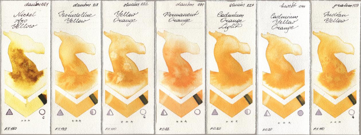 Daniel Smith 061 Nickel Azo Yellow, 218 Isoindoline Yellow, Shminke Horadam Aquarell 222 Yellow Orange, 071 Permanent Orange, 227 Cadmium Orange Light, Holbein Artists Watercolor 044 Cadmium Yellow Orange, M. Graham & Co. Artists 109 Indian Yell watercolor swatch