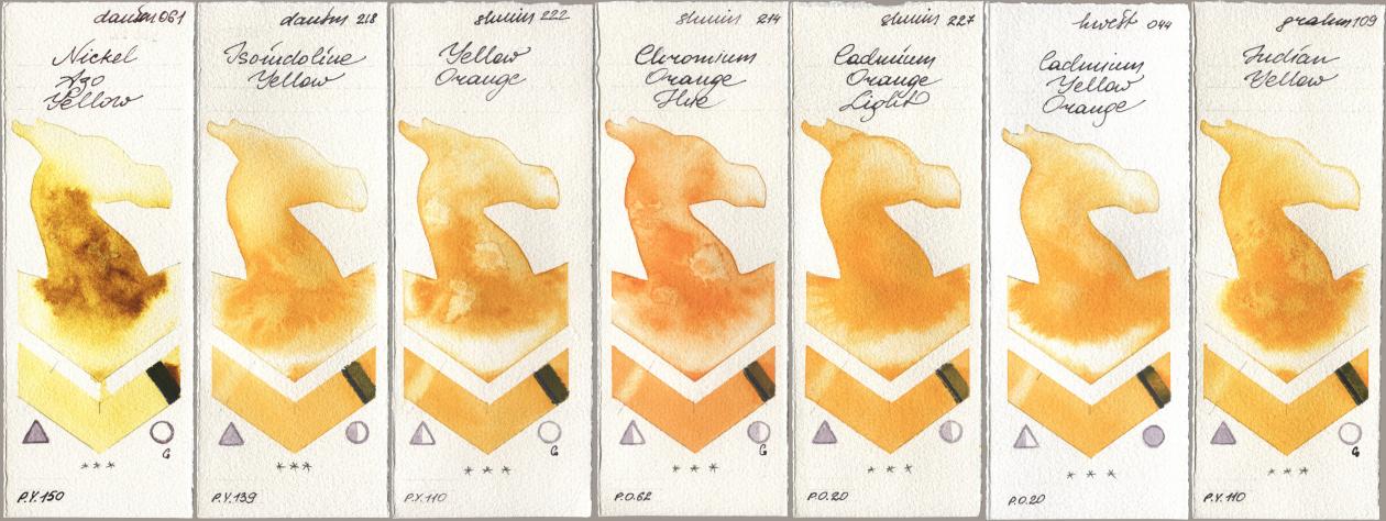 Daniel Smith 061 Nickel Azo Yellow, 218 Isoindoline Yellow, Shminke Horadam Aquarell 222 Yellow Orange, 214 Chrome Organge LF (Chromium Orange Hue), 227 Cadmium Orange Light, Holbein Artists Watercolor 044 Cadmium Yellow Orange, M. Graham & Co. Artists 109 Indian Yell watercolor swatch