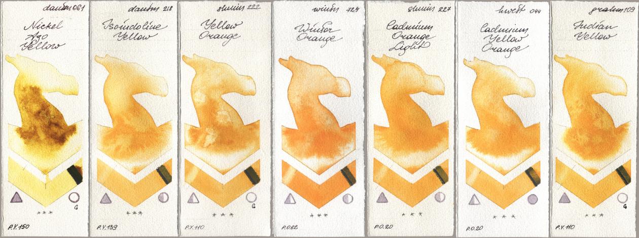 Daniel Smith 061 Nickel Azo Yellow, 218 Isoindoline Yellow, Shminke Horadam Aquarell 222 Yellow Orange, Winsor & Newton Professional 724 Winsor Orange, 227 Cadmium Orange Light, Holbein Artists Watercolor 044 Cadmium Yellow Orange, M. Graham & Co. Artists 109 Indian Yell watercolor swatch