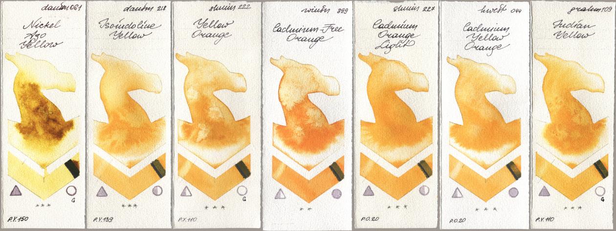 Daniel Smith 061 Nickel Azo Yellow, 218 Isoindoline Yellow, Shminke Horadam Aquarell 222 Yellow Orange, Winsor & Newton Professional 899 Cadmium-Free Orange, 227 Cadmium Orange Light, Holbein Artists Watercolor 044 Cadmium Yellow Orange, M. Graham & Co. Artists 109 Indian Yell watercolor swatch