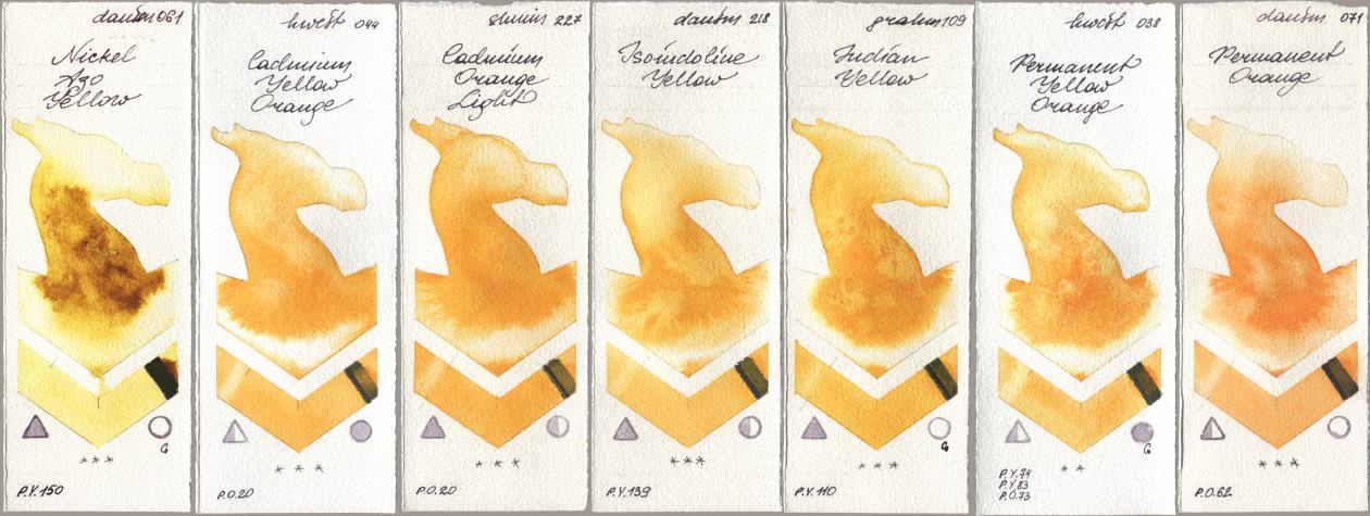 Daniel Smith 061 Nickel Azo Yellow, Holbein Artists Watercolor 044 Cadmium Yellow Orange, Shminke Horadam Aquarell 227 Cadmium Orange Light, 218 Isoindoline Yellow, M. Graham & Co. Artists 109 Indian Yellow, 038 Permanent Yellow Orange, 071 Permanent Oran watercolor swatch