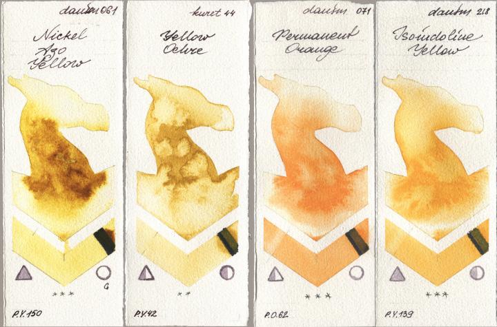 Daniel Smith 061 Nickel Azo Yellow, Kuretake Gansai Tambi 044 Yellow Ochre, 071 Permanent Orange, 218 Isoindoline Yell watercolor swatch