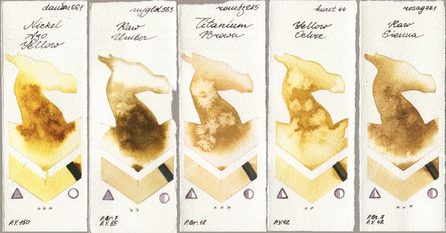 Daniel Smith 061 Nickel Azo Yellow vs Mijello Mission Gold 563 Raw Umber vs Roman Szmal Aquarius 265 Titanium Brown vs Kuretake Gansai Tambi 044 Yellow Ochre vs Rosa Gallery 721 Raw Sienna watercolor swatch
