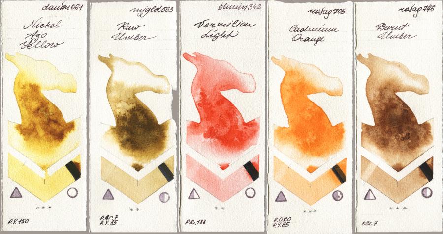 Daniel Smith 061 Nickel Azo Yellow vs Mijello Mission Gold 563 Raw Umber vs Shminke Horadam Aquarell 342 Vermilion Light vs Rosa Gallery 705 Cadmium Orange vs 746 Burnt Umber watercolor swatch