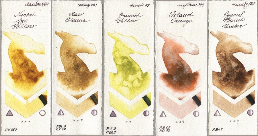 Daniel Smith 061 Nickel Azo Yellow vs Rosa Gallery 721 Raw Sienna vs Kuretake Gansai Tambi 048 Greenish Yellow vs Mijello Mission Gold 844 Island Orange vs Roman Szmal Aquarius 128 Cyprus Burnt Umber watercolor swatch