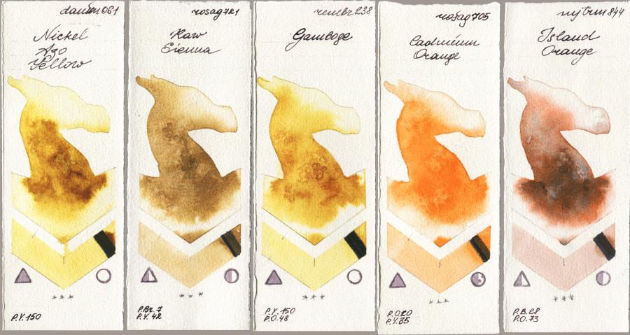 Daniel Smith 061 Nickel Azo Yellow vs Rosa Gallery 721 Raw Sienna vs Royal Talens Rembrandt Watercolour 238 Gamboge vs 705 Cadmium Orange vs Mijello Mission Gold 844 Island Orange watercolor swatch